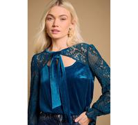 Oasis Women's Lace Sleeve Velvet Tie Neck Blouse in Teal | Size: 14