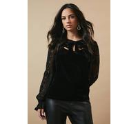 Oasis Women's Lace Sleeve Velvet Tie Neck Blouse in True Black | Size: 8 Oasis True Black 8
