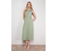 Oasis Women's Lace Trim Detail Pleated Midi Dress in Sage | Size: 8