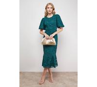 Oasis Women's Lace Trim Detail Puff Sleeve Peplum Midi Dress in Green | Size: 8