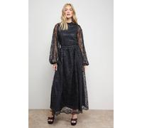 Oasis Women's Lace Trim Long Sleeve Scallop Edge Boho Maxi Dress in True Black | Size: 8