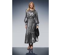 Oasis Women's Lame Balloon Sleeve Midi Dress in Silver | Size: 8