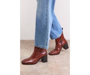 Oasis Women's Lauren Leather Block Mid Heel Chelsea Boots in Dark Tan | Size: 8