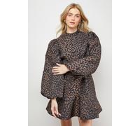 Oasis Women's Leopard Print Jacquard Balloon Sleeve Mini Dress in Brown | Size: 12