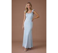 Oasis Women's Light Blue Ruffle Square Neck Satin Bridesmaid Maxi Dress | Size: 8