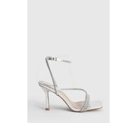 Oasis Women's Maggie Faux Leather Asymmetric Strap Embellished Heeled Sandals in Silver | Size: 6 Oasis Silver 6