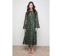 Oasis Women's Metallic Jacquard Flute Sleeve Midi Dress in Dark Olive | Size: 12 Oasis Dark Olive 12