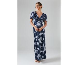 Oasis Women's Midnight Bloom Printed Satin Twist Front Angel Sleeve Maxi Bridesmaid Dress in Navy | Size: 12 Oasis Navy 12