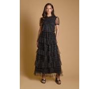 Oasis Women's Mono Spot Printed Ruffle Mesh Maxi Dress | Size: 16
