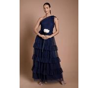 Oasis Women's Navy Pleated Mesh One Shoulder Tiered Maxi Bridesmaid Maxi Dress | Size: 8