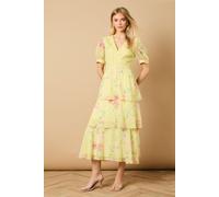 Oasis Women's Occasion Floral Lace Bodice Tiered Midi Dress in Chartreuse | Size: 10 Oasis Chartreuse 10