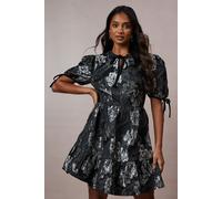 Occasion Metallic Jacquard Velvet Trim Smock Dress Oasis Silver 12
