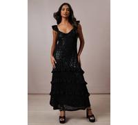 Oasis Women's Occasion Sequin Ruffle Midaxi Dress in Black | Size: 8