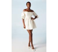 Oasis Women's Off The Shoulder Puff Sleeve Jacquard Bridal Mini Dress in Ivory | Size: 10 Oasis Ivory 10