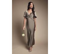 Oasis Women's Olive Satin Twist Front Angel Sleeve Midi Bridesmaid Dress | Size: 12