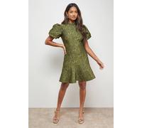 Oasis Women's Paisley Jacquard Puff Sleeve Mini Dress in Khaki | Size: 10 Oasis Khaki 10