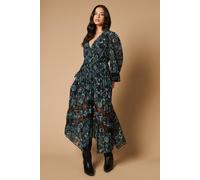 Oasis Women's Paisley Pleated Lace Trim Insert Wrap Midi Dress in Black | Size: 6