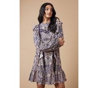 Oasis Women's Paisley Printed Ruffle Lace Trim Mini Dress in Navy | Size: 8