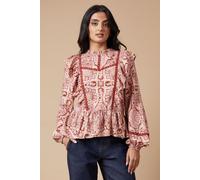 Oasis Women's Paisley Printed Ruffle Lace Trim Top in Rust | Size: 10 Oasis Rust 10