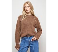 Oasis Women's Pearl Detail Frill Cuff Jumper in Chocolate | Size: Small Oasis Chocolate S