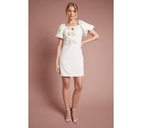 Oasis Women's Pearl Embellished Crepe Bow Down Puff Sleeve Mini Dress in Ivory | Size: 18
