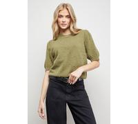 Oasis Women's Pearl Embellished Crew Neck Puff Sleeve Knit Top in Olive | Size: Small