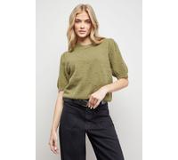 Oasis Women's Pearl Embellished Crew Neck Puff Sleeve Knit Top in Olive | Size: Small Oasis Olive S