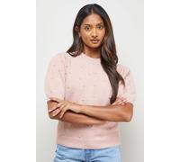 Oasis Women's Pearl Embellished Crew Neck Puff Sleeve Knit Top in Rose | Size: Small Oasis Rose S