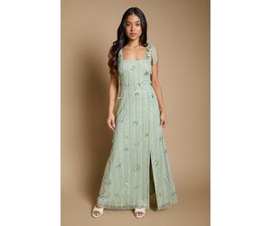 Oasis Women's Petite 3D Floral Linear Beadwork Tie Shoulder Dress in Sage | Size: 12 Oasis Sage 12
