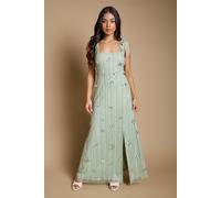 Oasis Women's Petite 3D Floral Linear Beadwork Tie Shoulder Dress in Sage | Size: 8