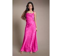 Oasis Women's Petite Bright Pink Double Strap Cowl Neck Satin Jacquard Bridesmaid Midi Dress | Size: 18
