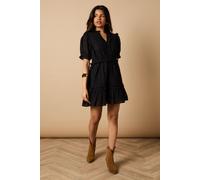 Oasis Women's Petite Broderie Frill Detail Button Down Mini Dress in Black | Size: 10 Oasis Black 10