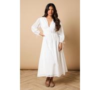 Oasis Women's Petite Broderie Tie Front Puff Sleeve Midi Dress in White | Size: 16 Oasis White 16
