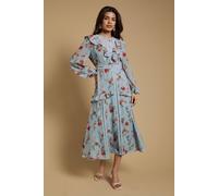 Oasis Women's Petite Chiffon Printed Lace Trim Detail Ruffle Midi Dress in Blue | Size: 10 Oasis Blue 10