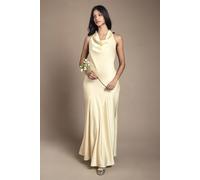 Oasis Women's Petite Cowl Halterneck Satin Maxi Bridesmaid Dress in Lemon | Size: 14