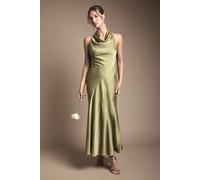 Oasis Women's Petite Cowl Halterneck Satin Maxi Bridesmaid Dress in Olive | Size: 10