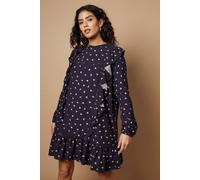Petite Ditsy Printed Ruffle Lace Trim Mini Dress Oasis Navy 12