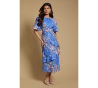 Oasis Women's Petite Double Frill Satin Burnout Midi Dress in Navy | Size: 8 Oasis Navy 8