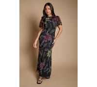 Oasis Women's Petite Fan Floral Embellished Angel Sleeve Maxi Dress in Black | Size: 16 Oasis Black 16