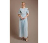 Oasis Women's Petite Floral Embellished Mesh Angel Sleeve Maxi Dress in Dusty Blue | Size: 10 Oasis Dusty Blue 10