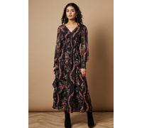 Oasis Women's Petite Floral Printed Ruffle Detail Shirred Waist Midaxi Dress in Black | Size: 8 Oasis Black 8