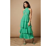 Oasis Women's Petite Halter Neck Cutout Tiered Maxi Dress in Green | Size: 10