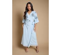 Oasis Women's Petite Kimono Sleeve Trailing Embellished Maxi Dress in Dusty Blue | Size: 8