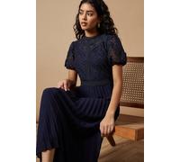 Oasis Women's Petite Lace Puff Sleeve Pleated Midi Dress in Navy | Size: 14