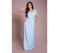 Oasis Women's Petite Light Blue Square Neck Chiffon Tie Shoulder Satin Jacquard Bridesmaid Maxi Dress | Size: 16