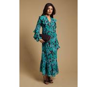 Oasis Women's Petite Long Sleeve Ruffle Chiffon Tiered Maxi Dress in Blue | Size: 12 Oasis Blue 12