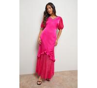 Oasis Women's Petite Plain Lace Frill Detail Puff Sleeve Midi Dress in Fuchsia | Size: 8 Oasis Fuchsia 8