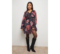 Oasis Women's Petite Printed Lace Trim Gathered V Neck Mini Dress in Floral | Size: 6