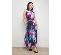 Oasis Women's Petite Printed Ruched Waist Ruffle Front Halterneck Maxi Dress in Floral | Size: 14 Oasis Floral 14