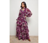 Oasis Petite Printed Ruffle Tiered High Neck Maxi Dress In Purple purple 12